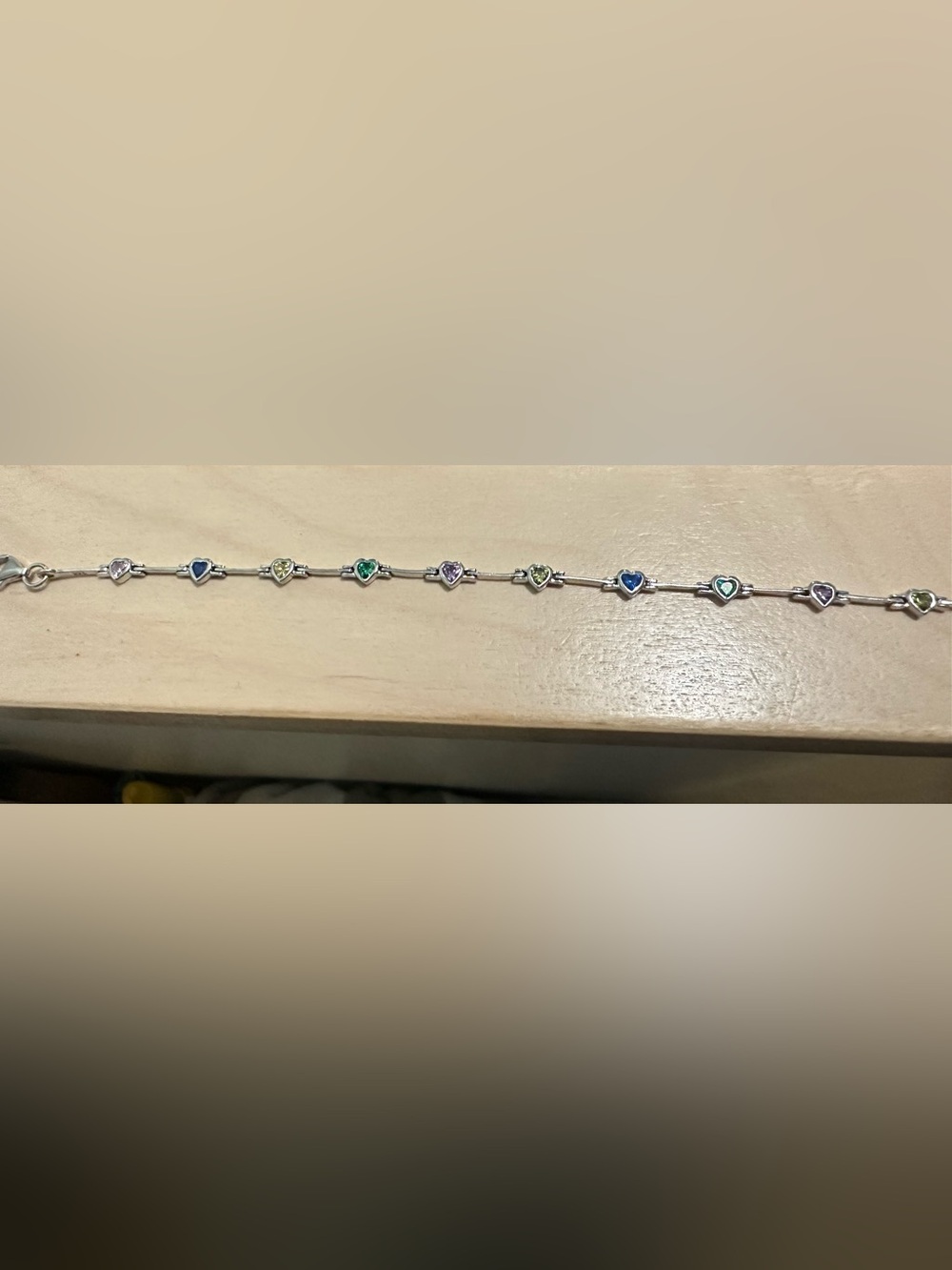Sterling Silver Heart Station Bracelet with Blue, Green, and Pink Stones